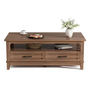 Farmhouse Coffee Table with 2 Drawers, Large Open Shelf & 6 Support Legs, 47 Inch Rustic Wood Center Table with 6 Legs, for Living Room