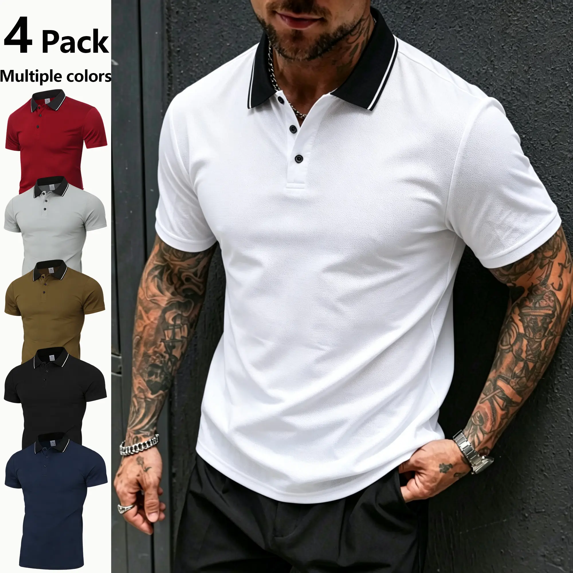 Men’s 4-Pack Solid Color Polo Shirts – Contrast Collar Short Sleeve Casual Tops, Breathable & Skin-Friendly Buttoned Collar Design, Clean & Professional Versatile Style for Work