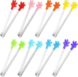 8PCS Mini Food Tongs, Small Stainless Steel Tongs with Silicone Tips, 5.3 inch,  Palm Shape, Kids Kitchen Utensils, BPA-Free, Dishwasher Safe, Perfect for Ice Cube, Fruits, Sugar, Barbecue, Ideal for Kids' Fine Motor Skill Development - Cheese, Colorful