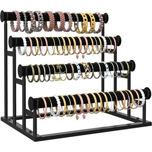4 Tier Bracelet Holder, Detachable Velvet Jewelry Display Stand, T-Bar Necklace Storage Organizer Display Stand, Metal Bracelet Holder Display for Bangles Watch Bracelets Scrunchies(Black)