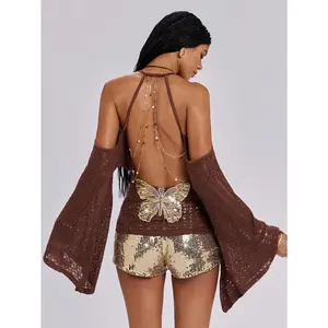 Women's Summer Vacation Backless Deep Draped Neck Flare Sleeve Chain Sheer Crochet Blouse