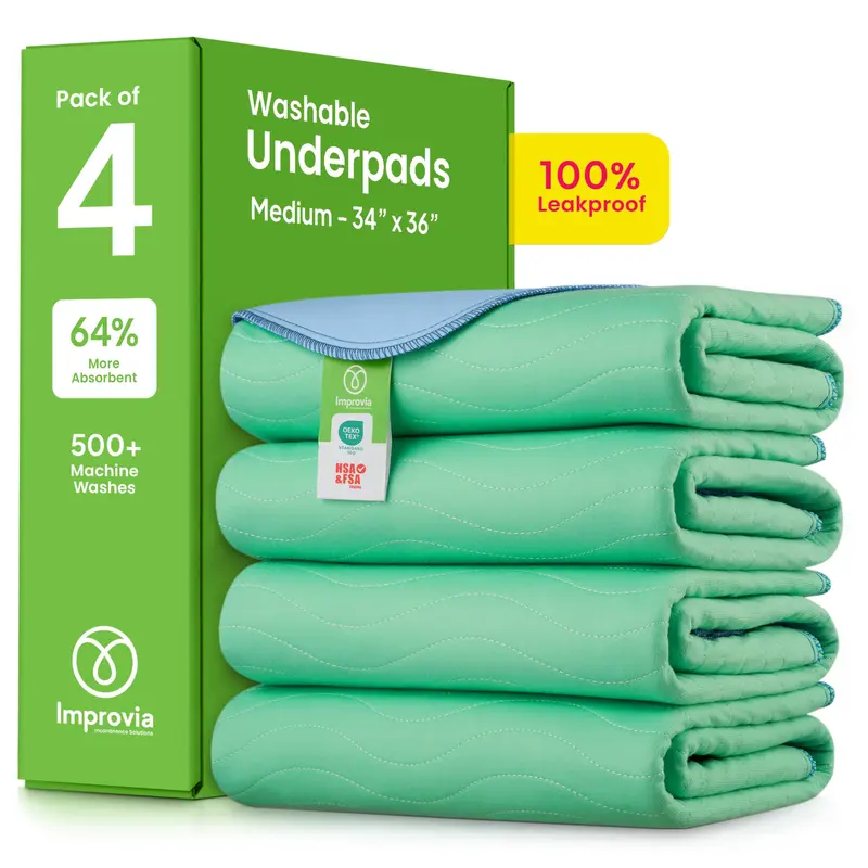 Washable Underpads, 34" x 36" (Pack of 4) - Heavy Absorbency Reusable Bedwetting Incontinence Pads for Kids, Adults, Elderly, and Pets - Waterproof Protective Pad for Bed, Couch, Sofa, Floor