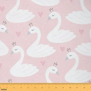 Feelyou Durable Polyester Woven Textile Fabric, 1yd Cartoon Swan Crown & Polka Dot Print Upholstery Fabric for Sewing, Soft Furnishings