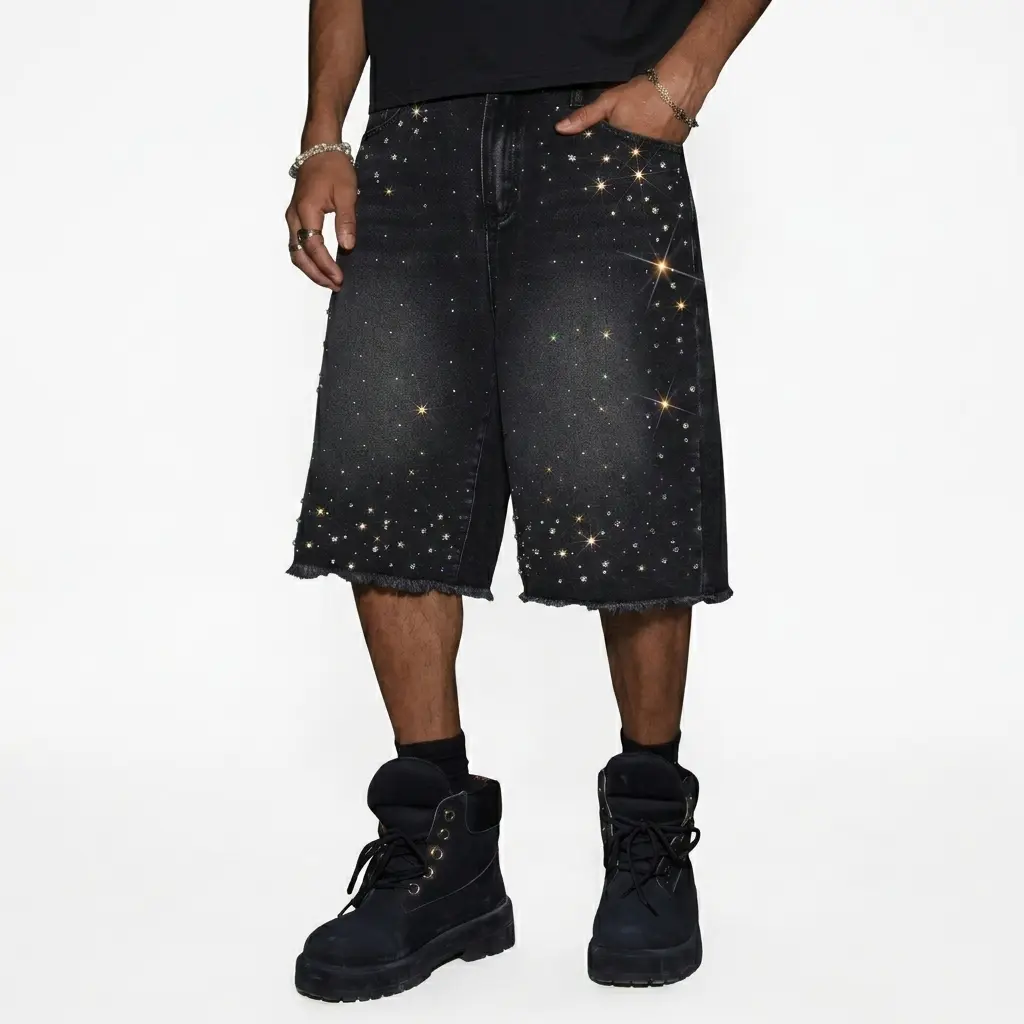 Men's Baggy Denim Jorts - Streetwear Menswear with Rhinestone Embellishments, Frayed Hem Adds Lived-In Attitude, Knot Detail, Multiple Pockets, Washed Black Wide Leg Shorts, Denim Shorts