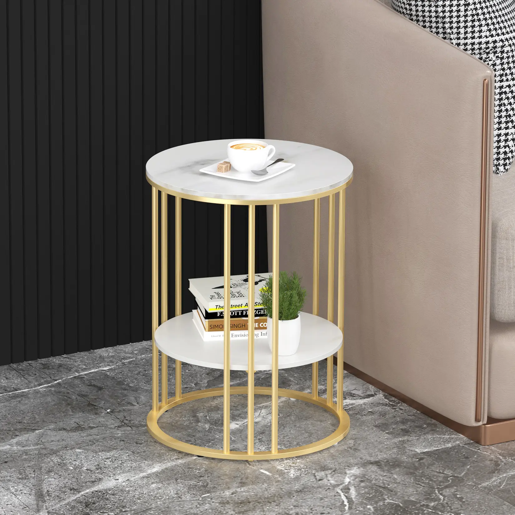 1 x 2-Tier Sintered Stone Storage Table - Indoor Living Room Furniture, Scratch-Safe Top Sofa Side Table, 50kg Load Capacity, Decorative Minimalist Piece for Plant Display, Interior Design Bookshelf Tier