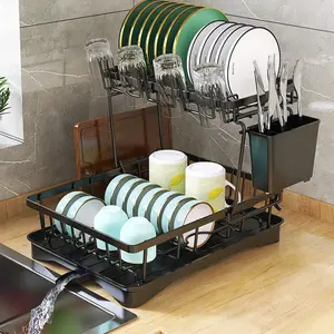 1pc Space-Saving 2-Tier Dish Drying Rack With Drainboard And Cutlery Holder - Perfect For Kitchen Counter, Cabinet, And Bathroom - Black Design - Essential Restaurant Kitchen Accessory