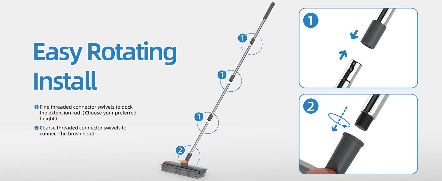 3 in 1 Floor Scrub Brush with Long Handle, Stiff Bristle Scrubber with Silicone Squeegee and Hair Removal Clip, 360° Rotating Bathroom Cleaning Brush for Tile, Grout, Shower, Tub, Glass, Wall, Kitchen and Floor Cleaning