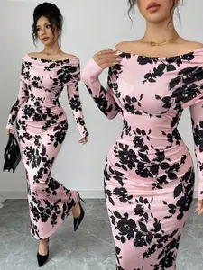 French Style Printed Off-Shoulder Long Dress, Elegant Women's Fashion, Perfect for Parties and Special Occasions