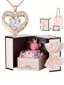 1 piece of a heart-shaped pendant necklace, complete with a box containing a rose-themed bear, a bouquet of eternal flowers, Valentine’s Day gift, a necklace for your girlfriend, the perfect gift to show your love. Women’s necklace, Mother’s Day gift.