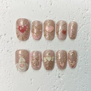 [Sweetheart Charm] Short Oval Handmade Press on Nails, Fake Nails with Nail tool kit with Jelly Stickers, Reusable, Durable