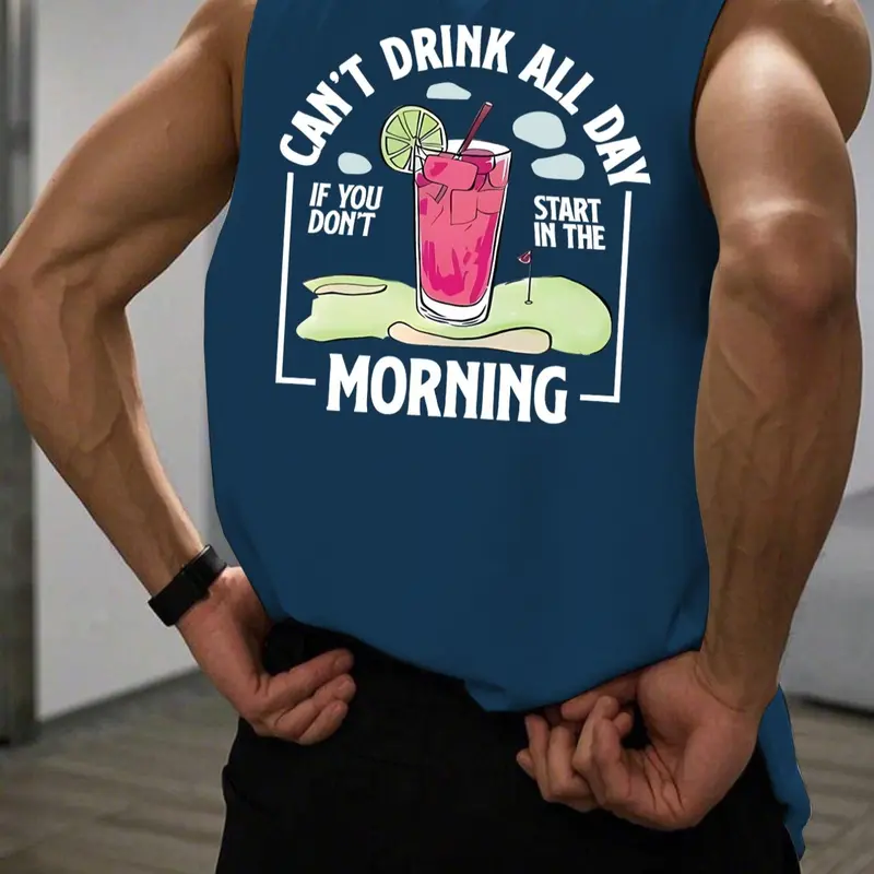Men's Regular Fit Drink Print Round Neck Tank Top, Casual Comfy Sleeveless Top for Summer, Men's Clothes for Daily Wear, Socks, Tank Vest, Tanktops