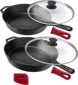 Cuisinel Cast Iron Skillet Set - 10" + 12" Frying Pan + Glass Lids + 2 Handle Cover Grips - Pre-Seasoned Oven Cookware - Indoor/Outdoor Use - Grill, Stovetop, Induction, BBQ, Camping, Fire Use Cuisinel