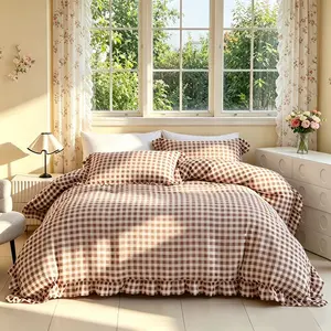 3pcs Small Check Warm and Cozy Bed Linens Set with Ruffled Edge Includes 1 Duvet Cover and 2 Pillowcases No Insert Soft Fabric with Zippers Suitable for All Seasons Ideal Gift Option