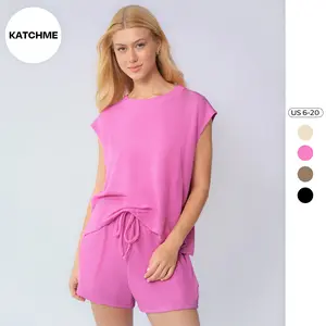 KatchMe Women's Pinstripe Round Neck Cap Sleeve Loose Top  & Drawstring Decor Shorts Co-ord, Basic Two Piece Sets for Spring & Summer, Comfortable Womenswear
