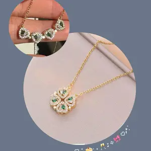 2 in 1 Four Leaf Clover Charm Lucky Necklace Heart for Women, 18K Gold Plated Emerald Charm , Open & Close Cloverleaf Heart Shape Birthstone Anniversary Jewelry for Her, Birthday Necklaces for Mother Wife Grandma BFF