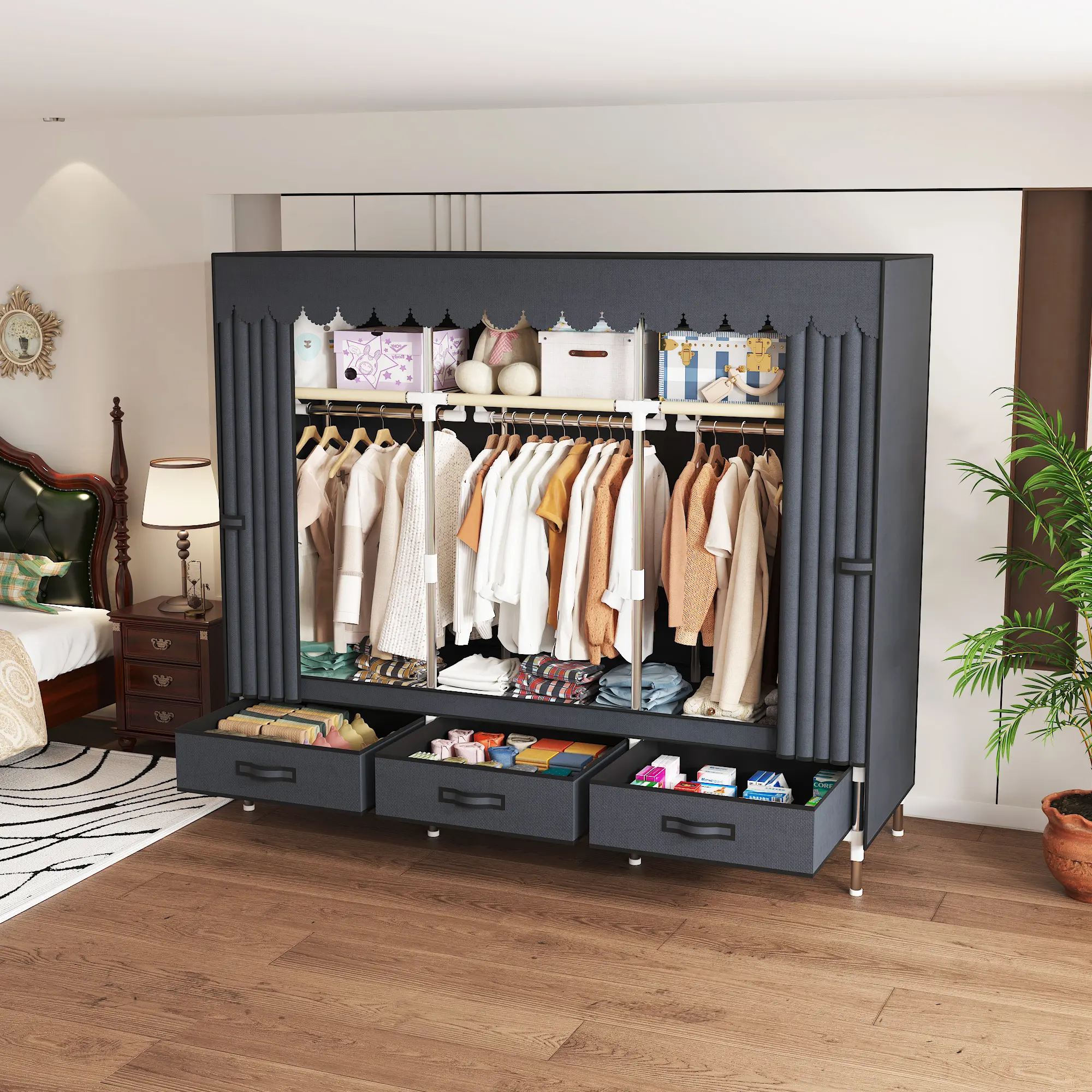 Heavy Duty Clothing Rack Organizer with Oxford Fabric Cover Portable Closet with Adjustable Shelves & Hang Rods Freestanding Wardrobe Metal Closet Rack for Hanging Clothes Perfect for Small Spaces and Apartments Storage Armoire Storage Furniture