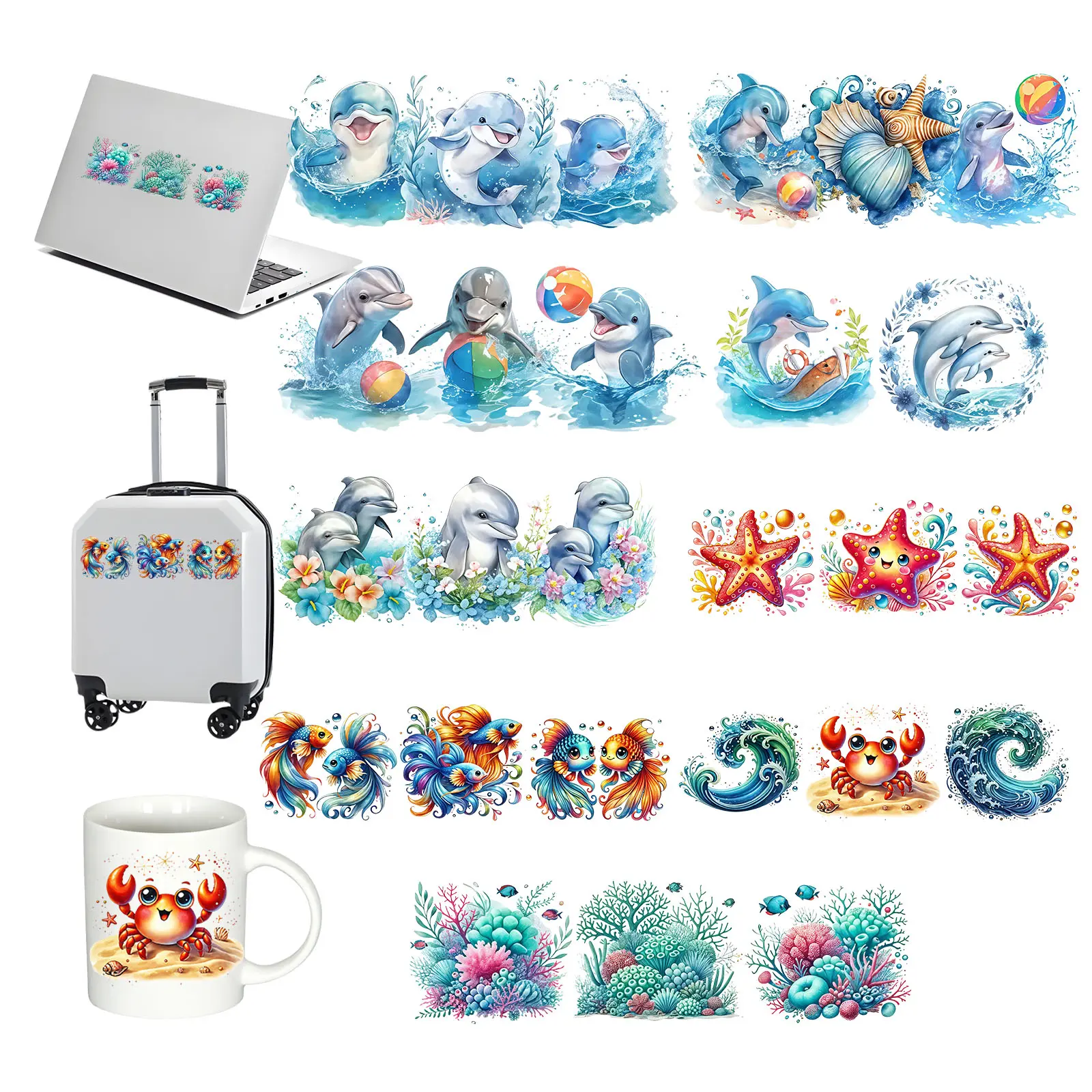 17pcs Dolphin Sea Element Conch UV DTF Cup Wraps Transfer Waterproof Stickers - Custom Decals, Adhesive Sheet, Automotive, Child Safe Decorative Decal Furniture Stickers for Glass Cups, Water Bottles, Laptops, Custom Decals Furniture Stickers