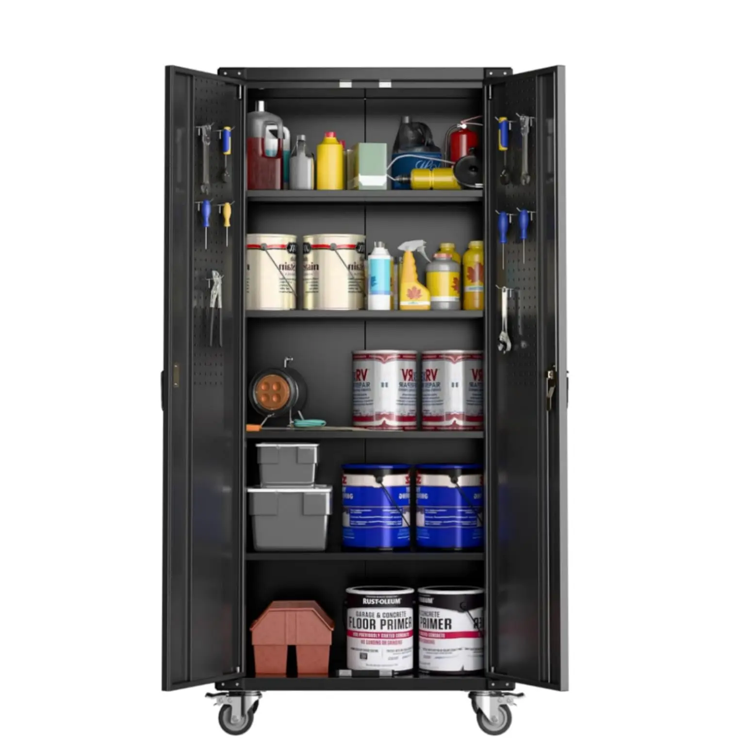 Garvee Garage Storage Cabinet with Wheels and Lock – 72 Inch Tall Steel Cabinet with 2 Doors, Adjustable Shelves & Pegboard Doors, Portable Workshop Organizer – Black
