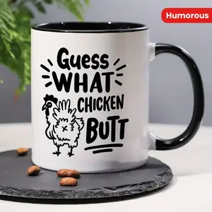 [11 oz Funny Chicken Mug] 1 piece, 3A grade, Guess WHAT CHICKEN BUTT, funny humorous morning coffee mug with chicken pattern, 11 oz ceramic decorative tea cup ideal birthday gift for office/ house living/ party/ anniversary for friend