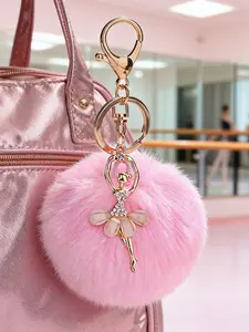 Ballet Girl Keychain | Fluffy Pom-Pom Keychain | Girly-Style Fur Ball Charm | Rhinestone-Embellished Ballet Dancer Key Chain | Pink Faux Rabbit Fur Pom-Pom Charm | Gentle & Sweet Fluffy Accessory | Metal Ballet Girl Key Chain | Soft Pink Bag Charm | "Ins-