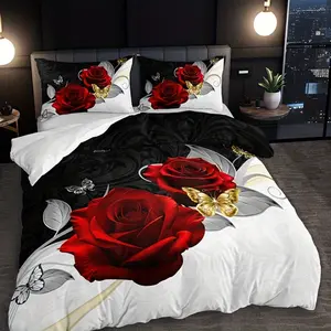 3PCS big red rose butterfly quilt cover set (1 quilt cover + 2 pillowcases do not contain quilt core pillow core), high definition printing in home dormitory