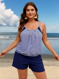Women's Plus Size Blue Stripe 2-Piece Tankini Set with Shorts, Flattering Swimwear for 1XL-4XL