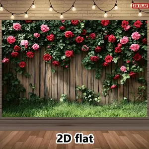 2D Flat Banner, 1pc rose garden wall Backdrop, Wedding party backdrop, Wall Hanging Backdrop, with wooden fence - red roses & green foliage design for weddings, parties - durable Polyester fabric - multiple sizes available