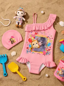 Monkey Punch Graphic Baby Monkey Holding Plush Toy Girls' Cute Cartoon Monkey Swimwear Set, 3-Piece Swimsuit + Shorts + Cap, Spring Summer Fashion, Birthday Gift Essential