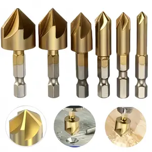 6PCS Titanium Coated Countersink Drill Bit Set, 6mm-19mm 5-Flute Chamfer Bits with 1/4" Hex Shank, Deburring & Woodworking Counter Sink Drill Bits for Wood, Metal, DIY Power Tools
