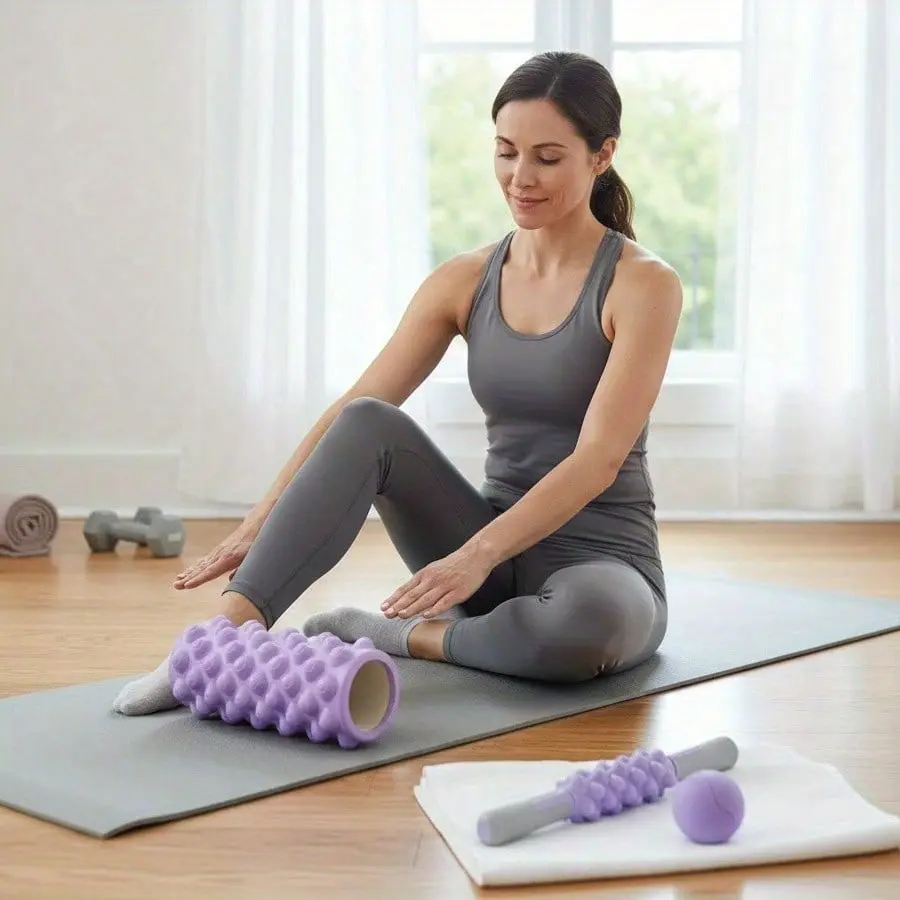 3-In-1 Foam Roller And Fascia Ball Set, Hollow Massage Roller, Muscle Roller Stick, Plantar Fasciitis Ball For Back, Legs, Arms, And Hips. Perfect For Yoga, Pilates, And Stretching. Fitness Equipment Roller, Large Muscle Massager, Leg Massager, Fasci
