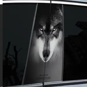 2 Pieces Car Sticker Car Pillar Sticker, Wolf Dog Creative Pattern Design Vinyl Car Sticker - B Window Pillar Sticker, Self-Adhesive Waterproof and Scratch Resistant, Suitable for Glass, Metal, Plastic, Ceramic, Wood Surfaces - Car Decoration
