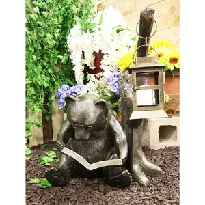 Ebros 18.25" Tall Large Aluminum Whimsical Bookworm Papa Bear with Glasses Sitting by Forest Tree Outpost Garden Lantern Statue Rustic Wildlife Western Cabin Lodge Bears Decor Figurine