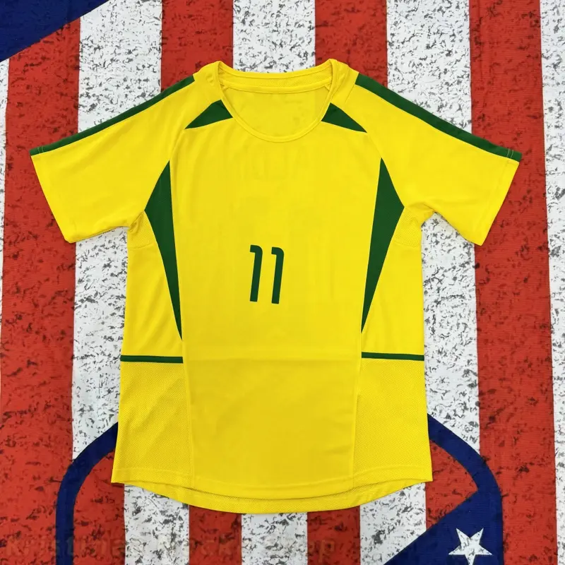 2002 Brazil Home Retro Jersey #11 Ronaldinho Yellow Short Sleeve Soccer Jersey