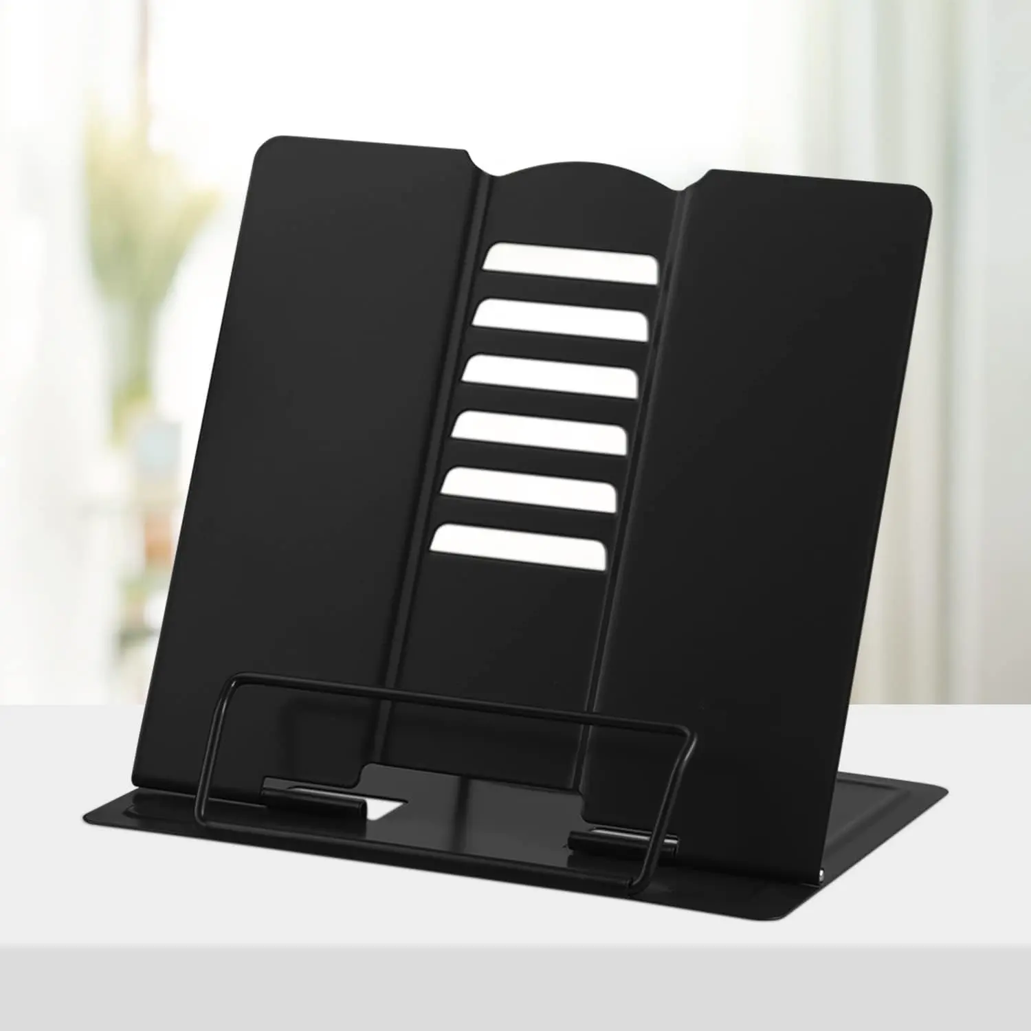 Adjustable Metal Book Stand, Portable Durable Desktop Shelf, Recipe File Holder, Suitable for Textbooks, Tablets, Sheet Music, with Page Clip, Office Desk Accessory