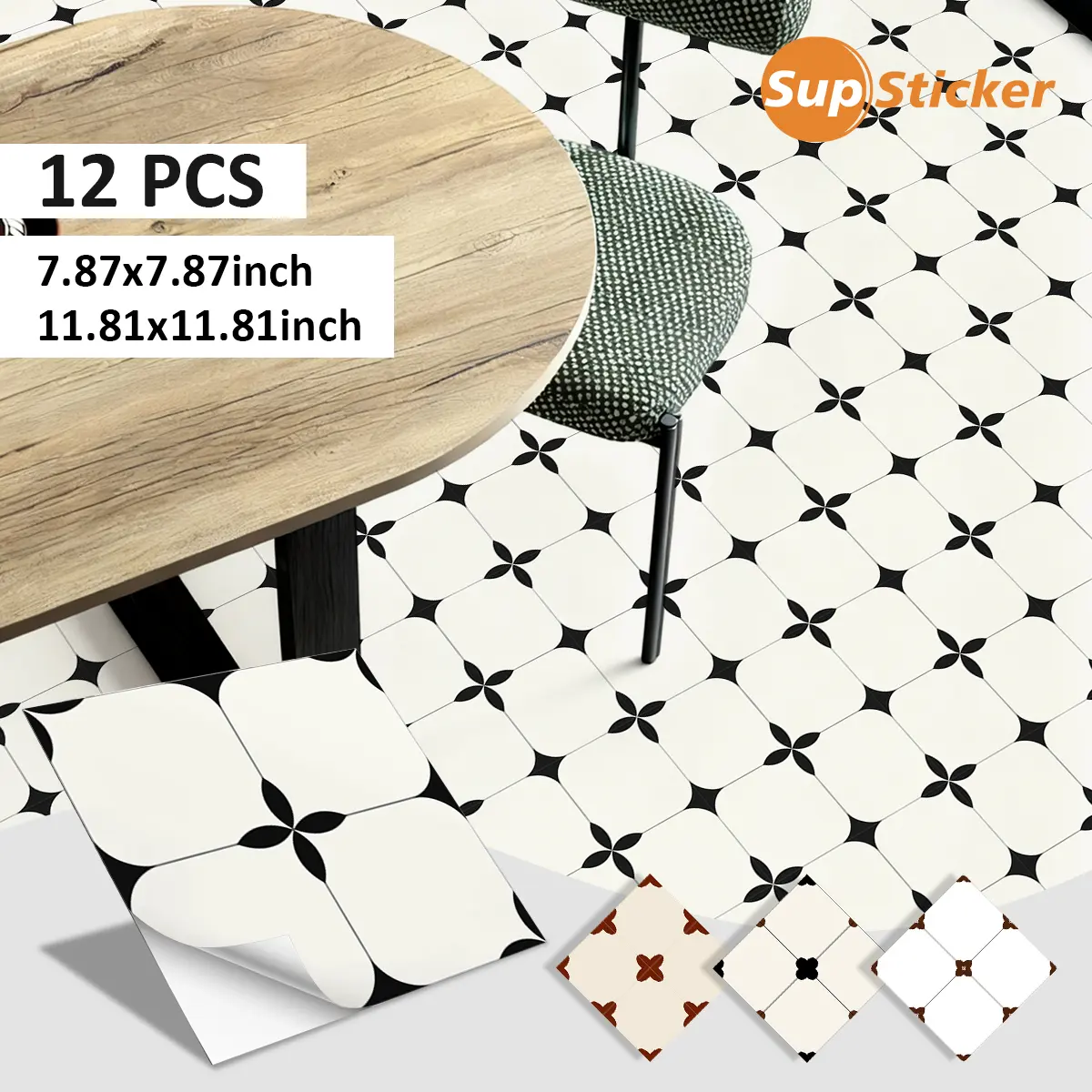12PCS Black-and-white geometric four-leaf clover floor decals, Decorative floor sticker, made of PVC, for home decoration, DIY-friendly, self-adhesive, peel-and-stick design, ideal for kitchen floor decoration, bathroom floor renovations
