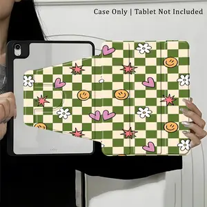 Cute Green Checkerboard Smiley Hearts Tablet Cover, 360° Rotating Protective Stand Folio with Pen Holder, Slim Shockproof Cover, Fits 7.9/8.3 inch Tablets, Great Present for Her