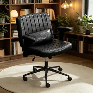 Criss Cross Chair with Adjustable Arms and Wheels, Comfort Ergonomic Cross Legged Office Desk Armchair with 3 Layer Cushions, Wide Seat Vanity Chair for Home Office, Living Room, Bedroom