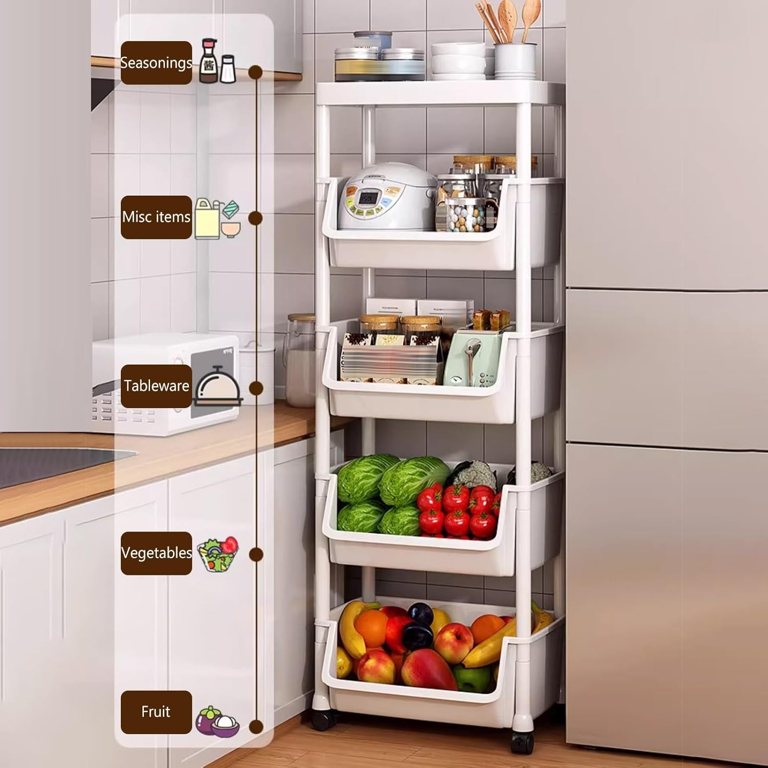 Rolling Cart with Lockable 4 Tier Wheels Multi Purpose Storage Organizer Slim Utility Trolley for Kitchen Bathroom Office Living Room and Narrow Spaces