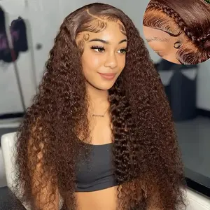 VRbest Chocolate Brown Deep Wave 13x6 HD Transparent Lace Front Wigs Brazilian Deep Curly Human Hair Wigs for Black Women Pre Plucked with Baby Hair 180% Denisty