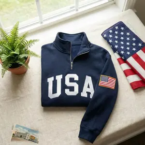 Embroidered USA Quarter Zip Sweatshirt, Retro USA With Flag Shirt, USA Pride, Semiquincentennial Gift