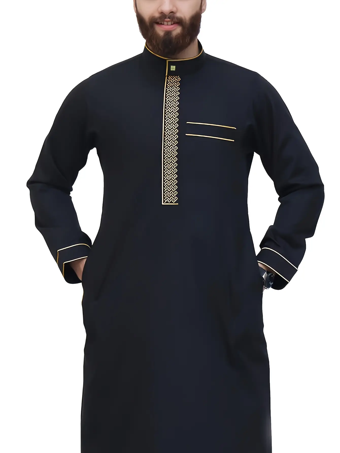 Men’s Traditional Muslim Thobe – Black Islamic Robe with Embroidery, Arabic Kaftan for Ramadan, Prayer & Daily Wear