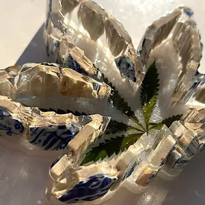 Blue Mosaic Leaf Shape Ashtray Handmade with Clear Resin and Preserved Leaves Unique Decorative Piece