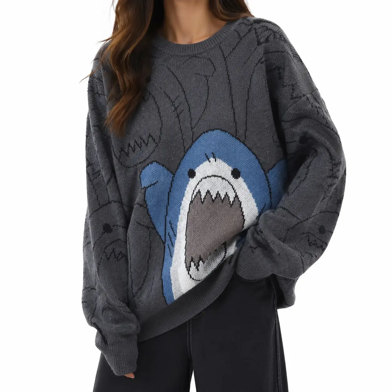Women’s Oversized Cartoon Shark Knit Sweater | Unisex Matching Couple Pullover，The Cutest Shark Knit Sweater | FW26 Collection