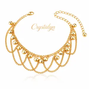 Crystalyn Boho Gold Layered Anklet - Vintage Bell Charm Tassel Dangle, Ethnic Gypsy Belly Dance, Y2K Aesthetic, Bling Bling, Boho Fairy, Boujee Style, Chain Strap, Dainty Adjustable Summer Costume Jewelry Gift, Bling Bling Anklets, Boho Fairy Anklets