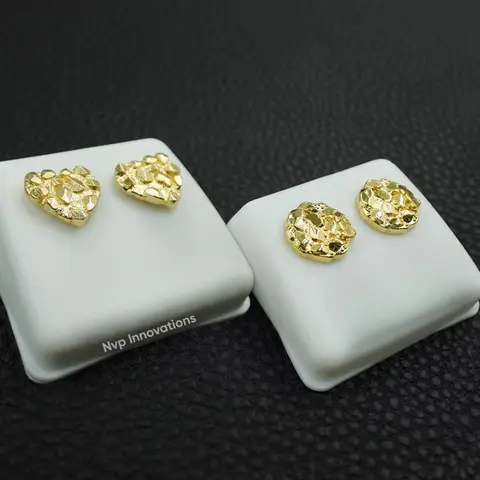 Nugget Earrings 14k Gold Plated Elegant Round Heart Nugget Earrings Push Back Stud for Men/Women Unisex