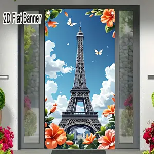 2D flat banner, 1pcEiffel Tower Cartoon Hibiscus Butterfly Backdrop, Paris Whimsical Sky Photography Background for Birthday Party Decorationsgalentines party decor, valentine day decor, decorations for valentines day