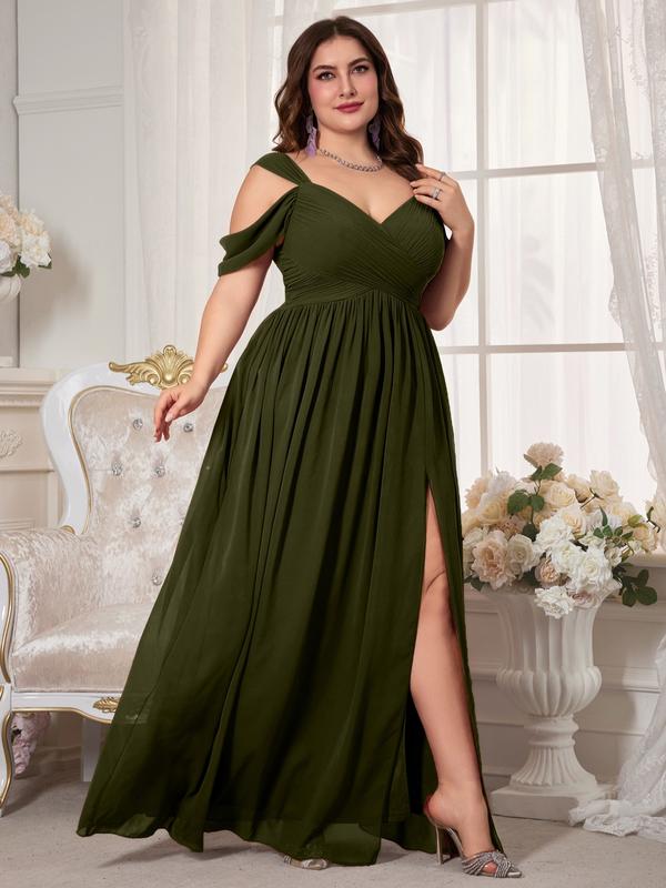Elegant V Neck Backless Ruched Waist Chiffon Dress, High Slit Bridesmaid Gown, Pure Color Flowy A-Line, Perfect for Weddings