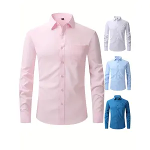 [Durable Build] Men's Slim Fit Dress Shirt - Wrinkle-Resistant, Soft Polyester Blend, Solid Color with Chest Pocket, Long Sleeve, Button-Up for Business & Formal Occasions (Blue, White, Green)