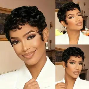 Short Curly Pixie Cut Wig for Black Women Brazilian Human Hair Glueless Short Layered Wigs With Bangs  Black Color No Glue Wear and Go Human Hair Wig