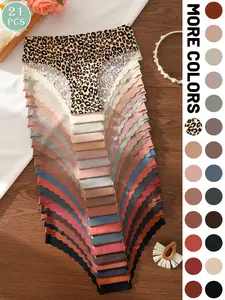5/6/7/10/12/21-pack seamless one-piece wave-edge triangle panties, leopard print and solid color mix, comfortable, breathable, stretchy, silky women's underwear
